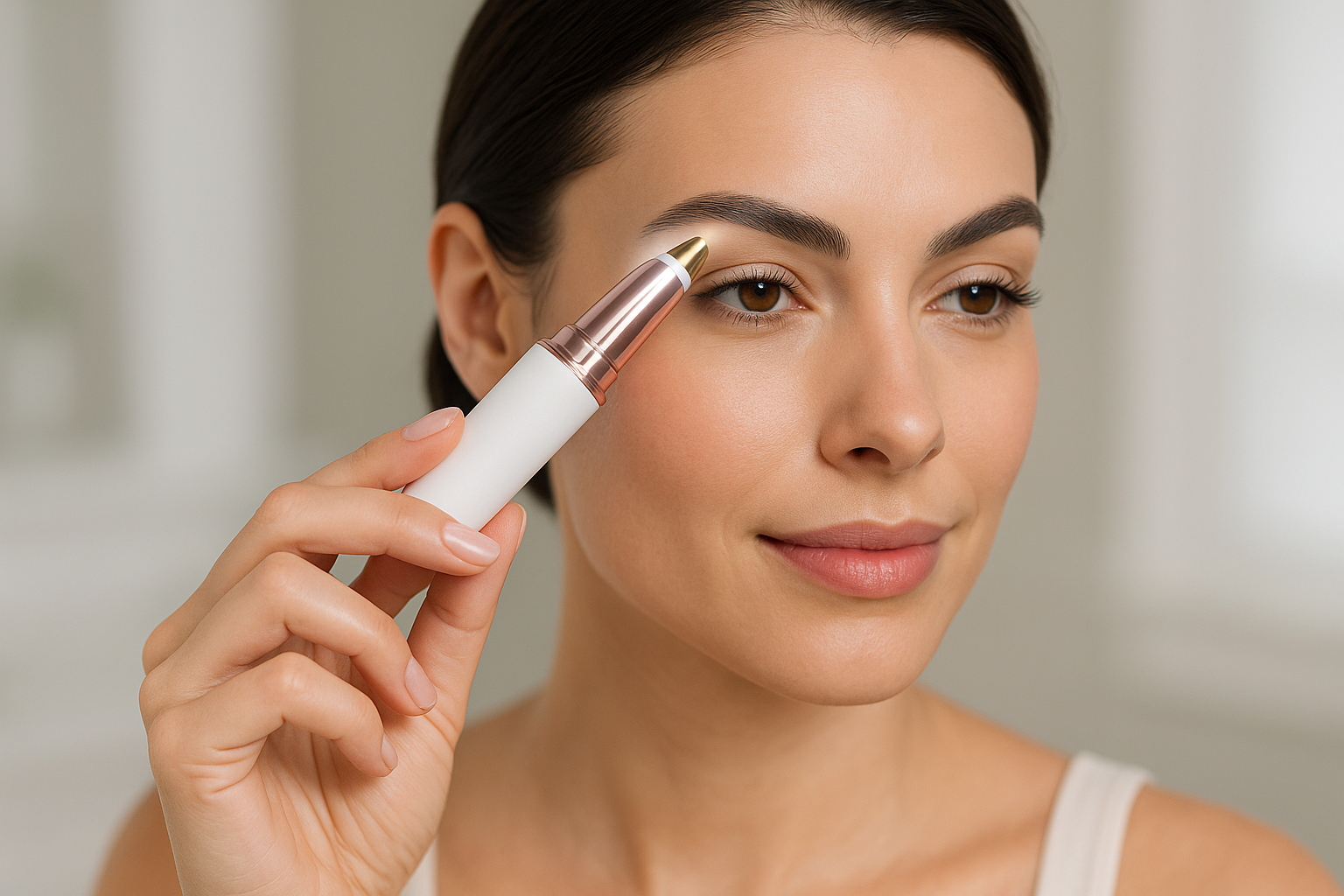 Depilador de cejas y rostro recargable y una mujer usando el producto